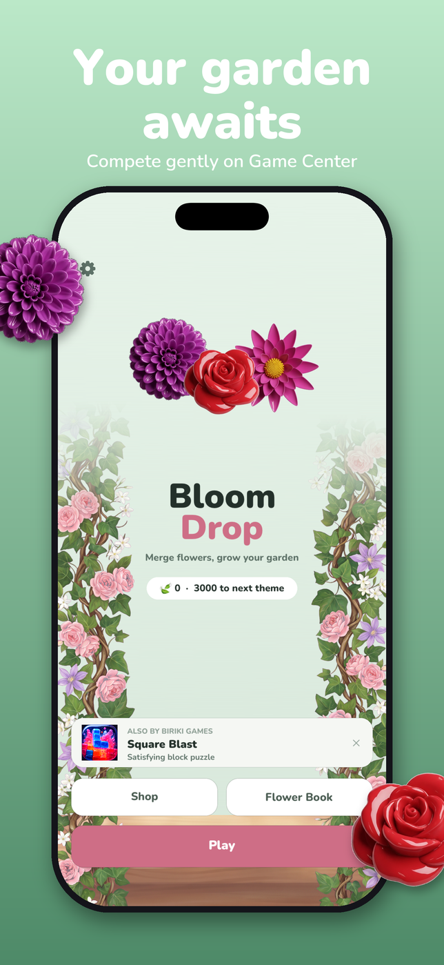 Your garden awaits — the main menu framed by blossoming vines