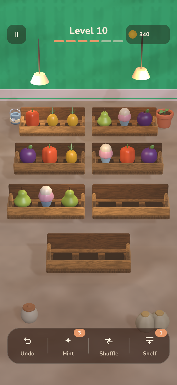 Tidy Crate gameplay — wooden shelves of fruit waiting to be sorted three at a time
