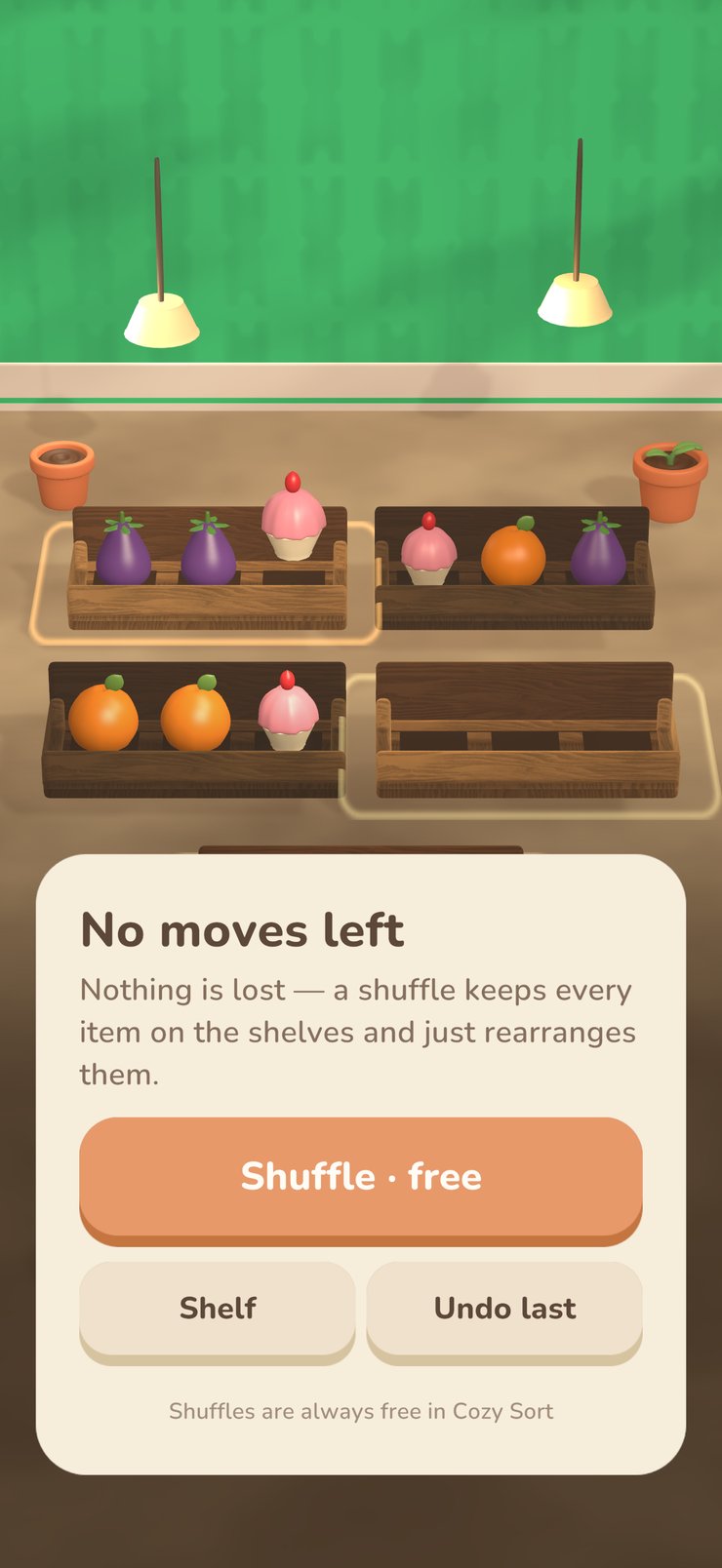 A board out of moves, offering a free shuffle instead of a loss