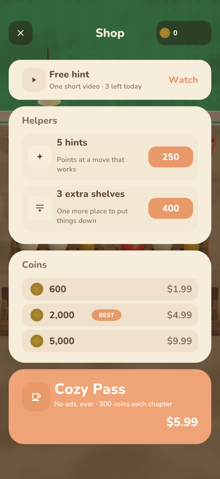 The shop — Cozy Pass and coin packs, no subscription
