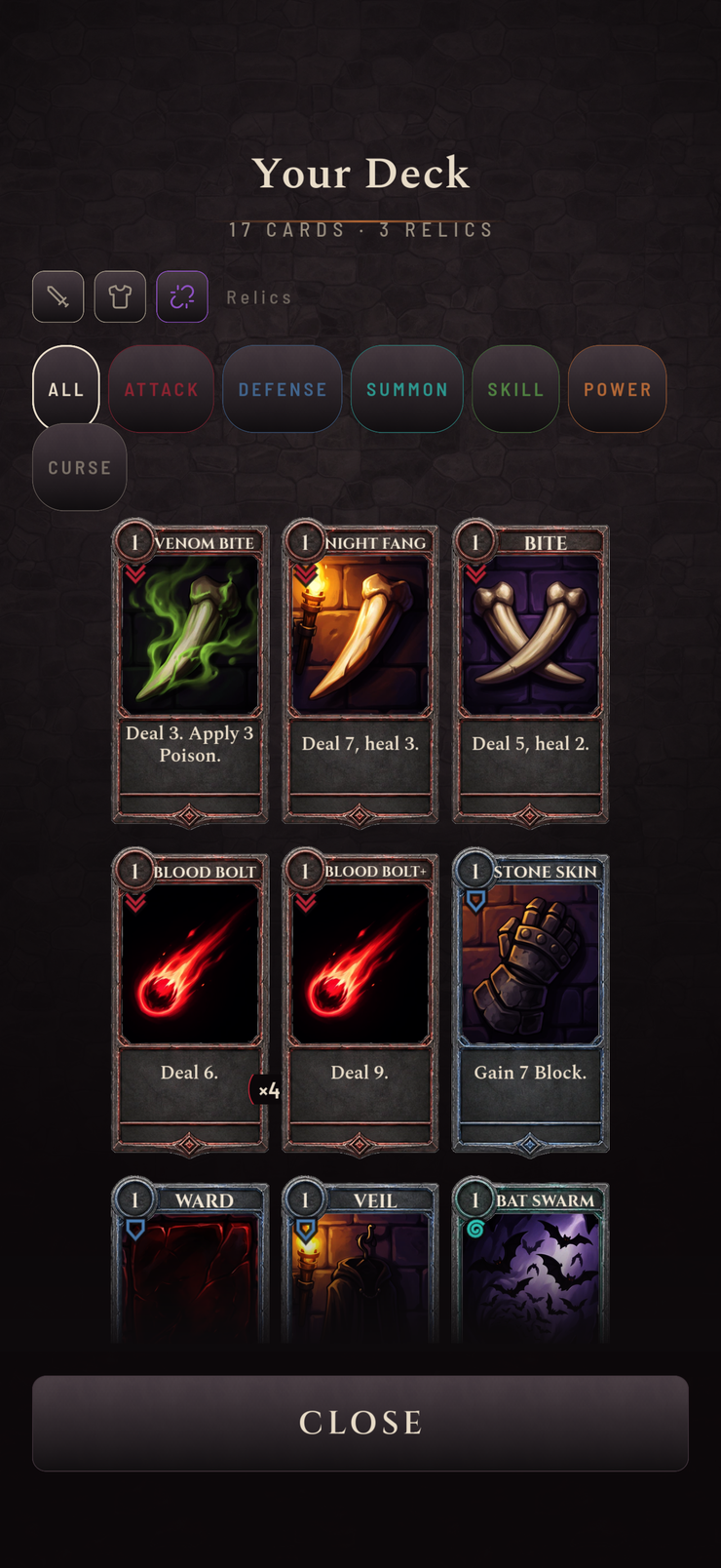 The deck screen with category filters