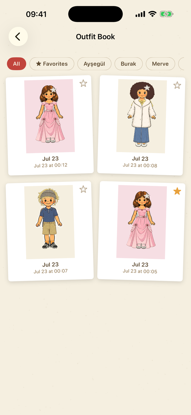 Outfit book — saved looks as polaroid cards