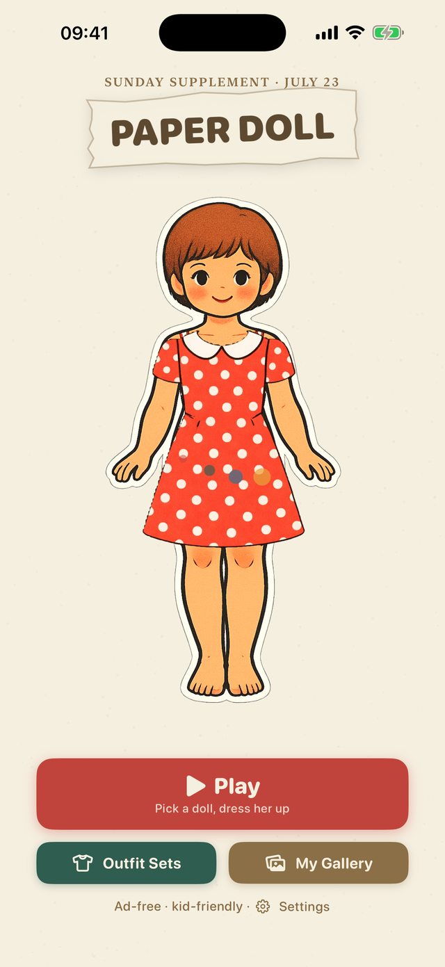 Main menu — a paper doll under the Paper Doll masthead