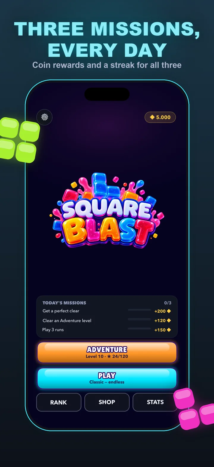 Three daily missions and the home screen
