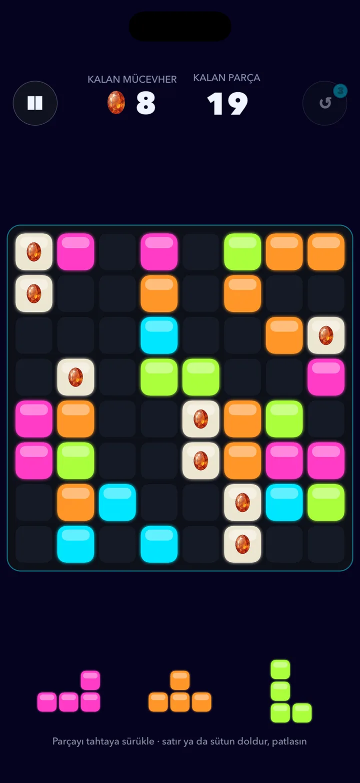 Square Blast — tahtaya gömülü mücevherlerle bir Macera seviyesi